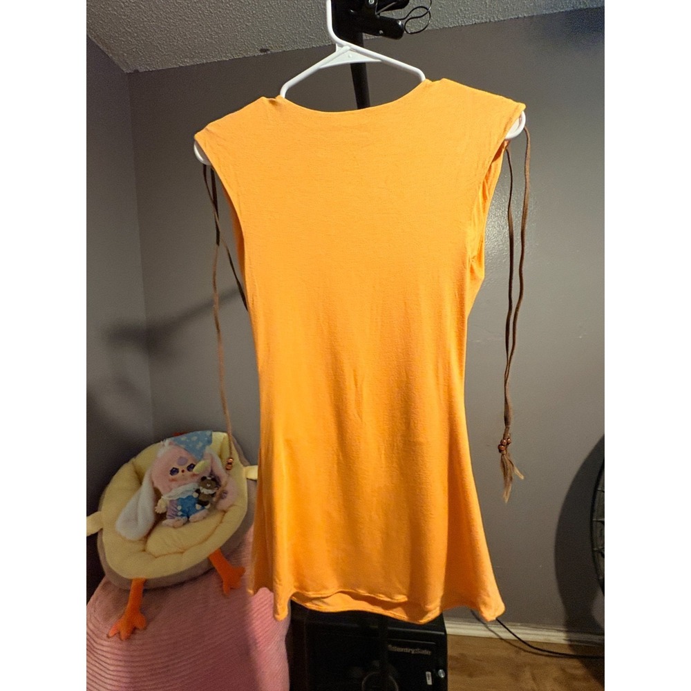 Sky Tangerine Sleeveless BOHO Swoop Neck, Leather Ties with Feathers Shirt Sz S - Picture 2 of 6